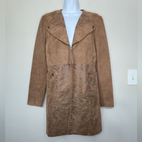 Tribal Jackets & Blazers - Tribal Tan Taupe Faux Suede Leather Collared Open Coat Womens Size 4 Western